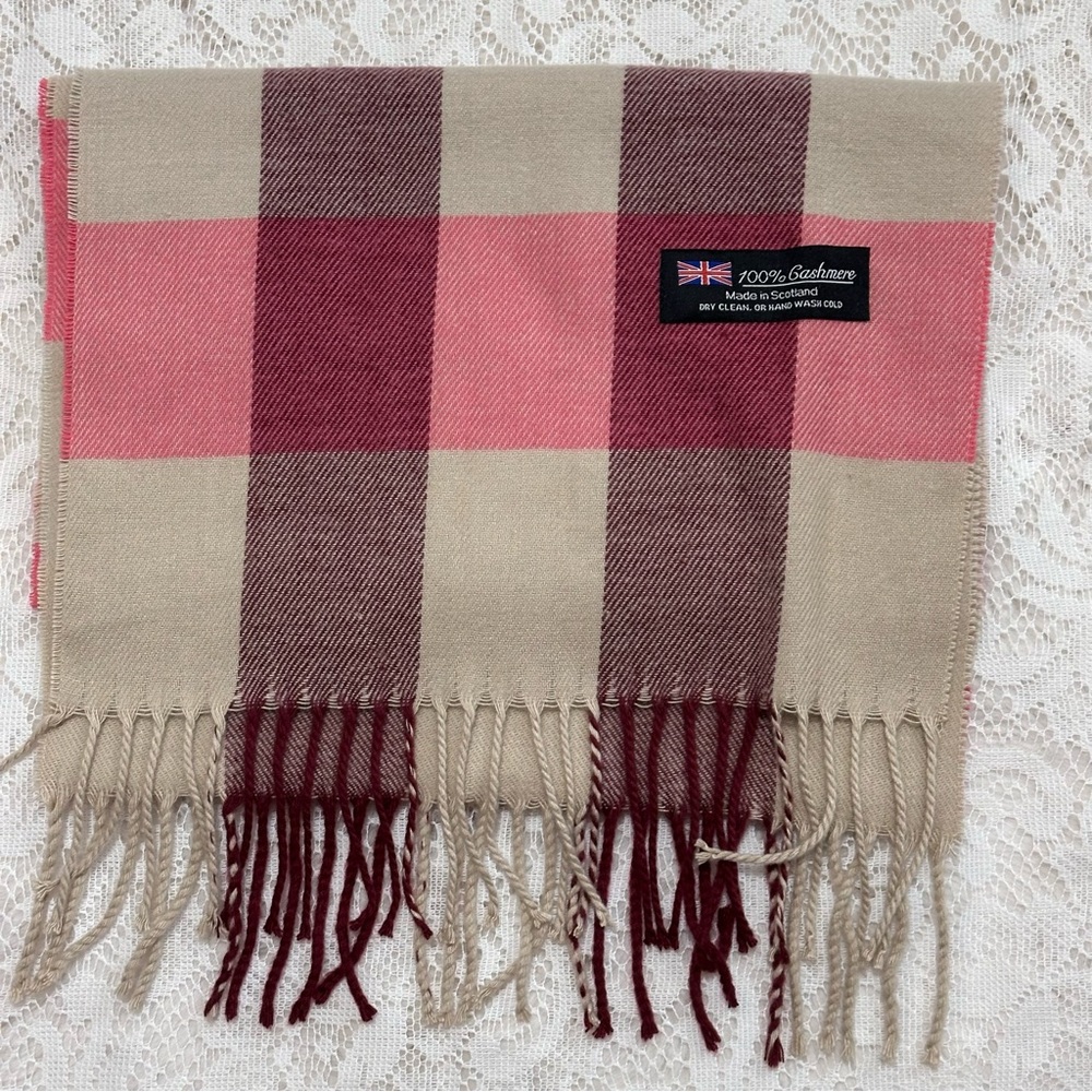 Cashmere Plaid Scottish Tartan Neck Scarf Rose Pink Tan Toned